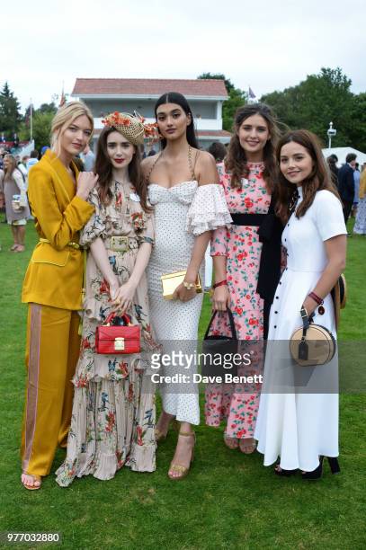 Martha Hunt, Lily Collins, Neelam Gill, Guest and Jenna Coleman attend the Cartier Queen's Cup Polo Final at Guards Polo Club on June 17, 2018 in...