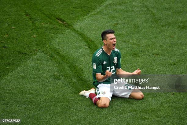 Hirving Lozano of Mexico celebrates by sliding on his knees after scoring his team's first goal during the 2018 FIFA World Cup Russia group F match...