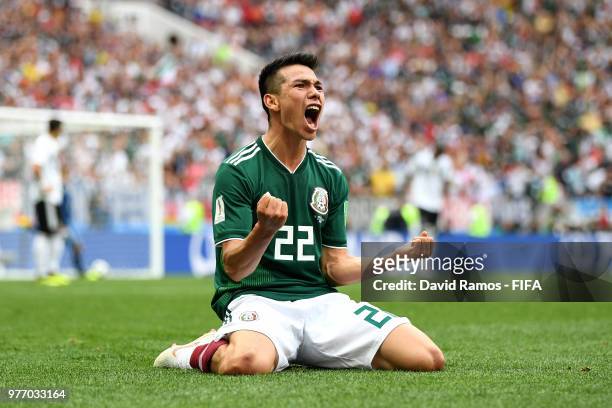 Hirving Lozano of Mexico celebrates by sliding on his knees after scoring his team's first goal during the 2018 FIFA World Cup Russia group F match...