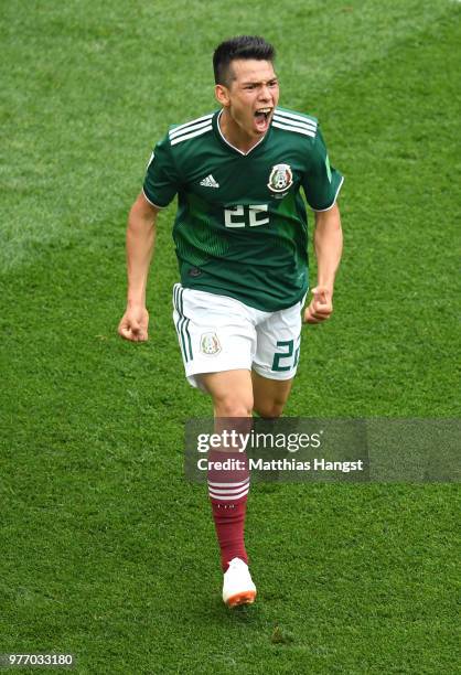 Hirving Lozano of Mexico celebrates after scoring his team's first goal during the 2018 FIFA World Cup Russia group F match between Germany and...