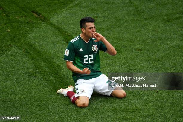 Hirving Lozano of Mexico celebrates by sliding on his knees after scoring his team's first goal during the 2018 FIFA World Cup Russia group F match...