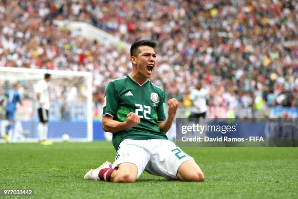 Hirving Lozano of Mexico celebrates by sliding on his knees after scoring his team's first goal during the 2018 FIFA World Cup Russia group F match...