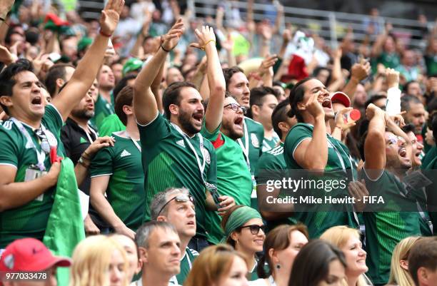 Mexico fans enjoy the atmosphere during the 2018 FIFA World Cup Russia group F match between Germany and Mexico at Luzhniki Stadium on June 17, 2018...