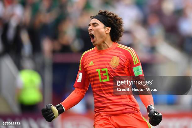 Guillermo Ochoa of Mexico celebrates after his team mate Hirving Lozano scores the first goal during the 2018 FIFA World Cup Russia group F match...