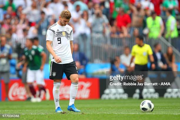Timo Werner of Germany looks dejected during the 2018 FIFA World Cup Russia group F match between Germany and Mexico at Luzhniki Stadium on June 17,...