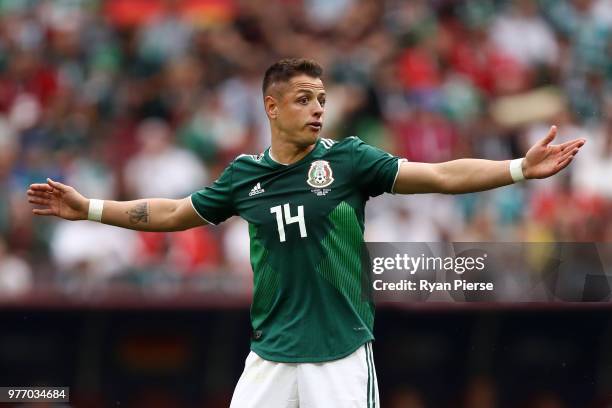 Javier Hernandez of Mexico reacts during the 2018 FIFA World Cup Russia group F match between Germany and Mexico at Luzhniki Stadium on June 17, 2018...