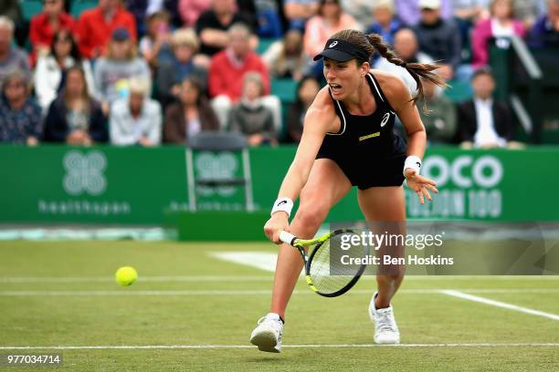 Johanna Konta of Great Britain in action in the Womens Singles Final during Day Nine of the Nature Valley Open at Nottingham Tennis Centre on June...
