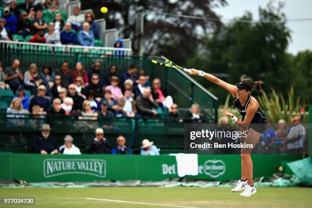 Johanna Konta of Great Britain in action in the Womens Singles Final during Day Nine of the Nature Valley Open at Nottingham Tennis Centre on June...