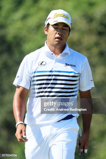 Hideki Matsuyama of Japan walks on the third green during the final round of the 2018 U.S. Open at Shinnecock Hills Golf Club on June 17, 2018 in...