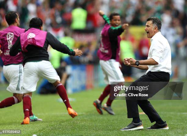 Juan Carlos Osorio, Manager of Mexico celebrates after their sides first goal during the 2018 FIFA World Cup Russia group F match between Germany and...