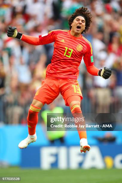 Guillermo Ochoa of Mexico celebrates after Hirving Lozano scored a goal to make it 0-1 during the 2018 FIFA World Cup Russia group F match between...