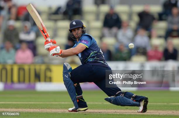 Heino Kuhn of Kent hits out during the Royal London One-Day Cup Semi-Final match between Worcestershire Rapids and Kent at New Road on June 17, 2018...