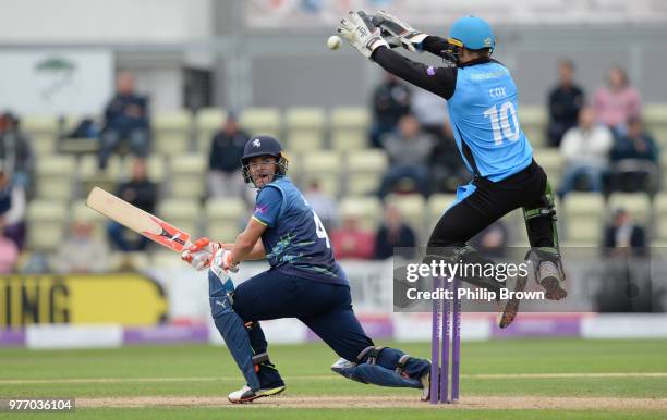 Shot by Heino Kuhn of Kent is stopped by Ben Cox of Worcestershire Rapids during the Royal London One-Day Cup Semi-Final match between Worcestershire...