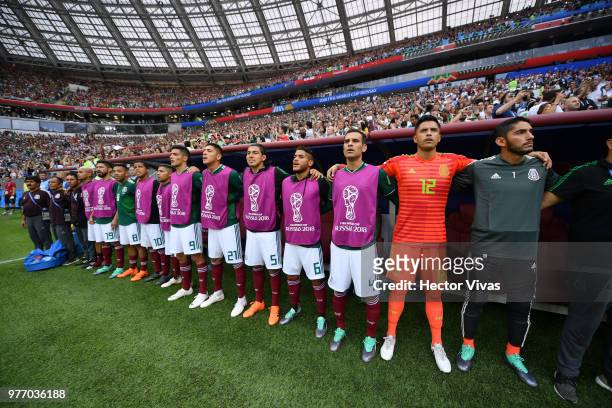 The Mexico bench sing the national anthems prior to the 2018 FIFA World Cup Russia group F match between Germany and Mexico at Luzhniki Stadium on...