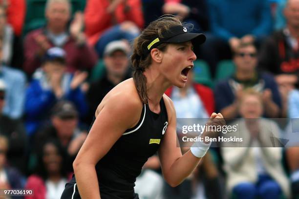 Johanna Konta of Great Britain celebrates winning the second set in the Womens Singles Final during Day Nine of the Nature Valley Open at Nottingham...