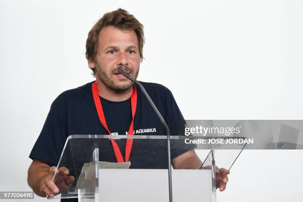 Frederic Penard, SOS Mediterranee Director of Operations, gives a press conference after the arrival of the Aquarius rescue ship, operated by SOS...