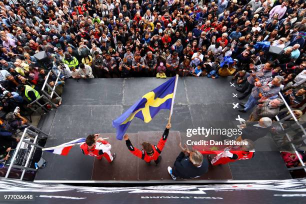 Erik Stark of Sweden and Maverick F1 celebrates victory on the podium with second-placed Philippe Chiappe of France and CTIC F1 Shenzhen China and...