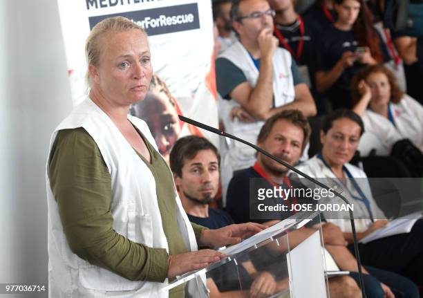 Karline Kleijer, Doctors Without Borders head of Emergencies, gives a press conference after the arrival of the Aquarius rescue ship, operated by SOS...