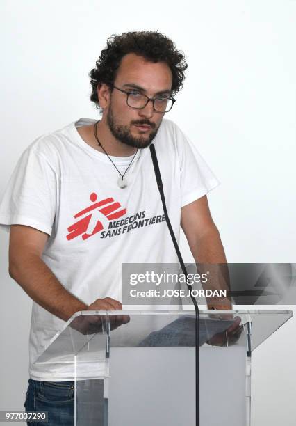 Aloys Vimard, Doctors Without Borders project coordinator, gives a press conference after the arrival of the Aquarius rescue ship, operated by SOS...