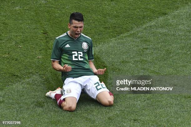 Mexico's forward Hirving Lozano celebrates after scoring during the Russia 2018 World Cup Group F football match between Germany and Mexico at the...