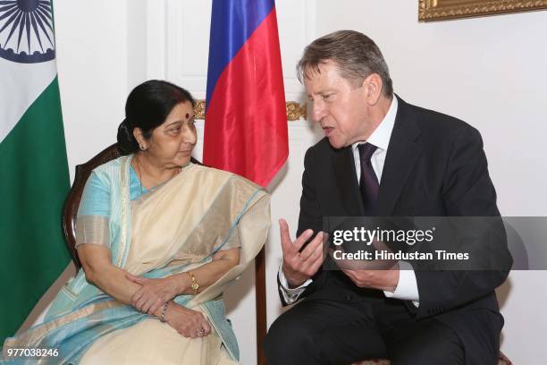 Minister of External Affairs Sushma Swaraj with Ambassador of Russia to India Nikolay R Kudashev during a music program to celebrate the National Day...