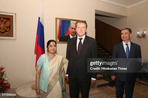 Minister of External Affairs Sushma Swaraj with Ambassador of Russia to India Nikolay R Kudashev during a music program to celebrate the National Day...