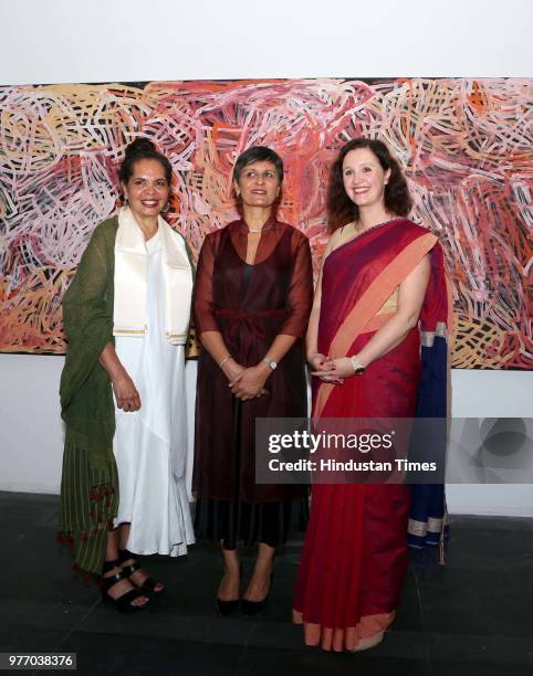 Franchesca Cubillo, Harinder Sidhu, Australian High Commissioner to India, and Kirsten Paisley during a first-of-its-kind showcase of Australian...