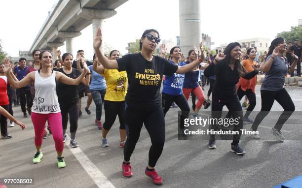 People perform bhangra and zumba during Raahgiri Day at Sector 55 Golf Course Road, an event organised by MCG, on June 17, 2018 in Gurugram, India....