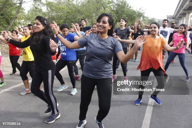 People perform bhangra and zumba during Raahgiri Day at Sector 55 Golf Course Road, an event organised by MCG, on June 17, 2018 in Gurugram, India....