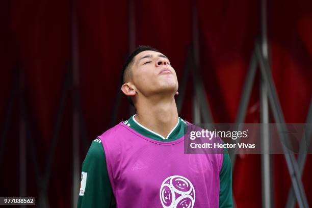 Javier Aquino of Mexico looks on prior to the 2018 FIFA World Cup Russia group F match between Germany and Mexico at Luzhniki Stadium on June 17,...