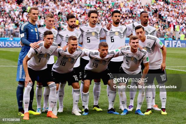 The Germany team line up before the 2018 FIFA World Cup Russia group F match between Germany and Mexico at Luzhniki Stadium on June 17, 2018 in...