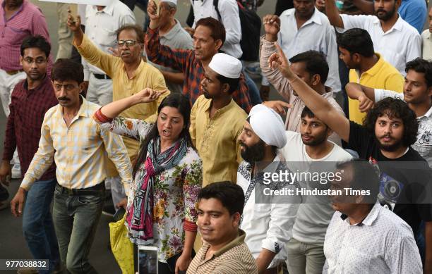 Alka Lamba along with supporters and workers march from Mandi House to Prime Minister's residence in support of Delhi Chief Minister Arvind...