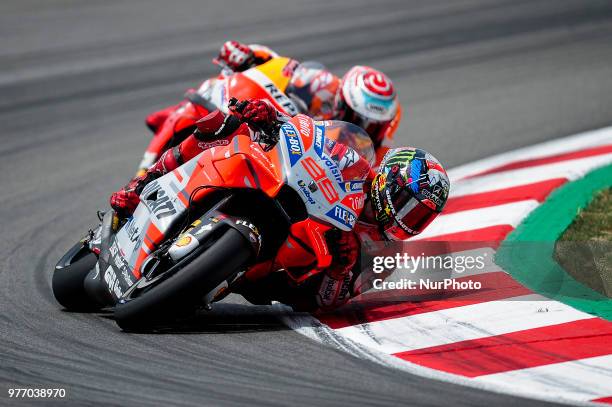 The Spanish riders, Jorge Lorenzo of Ducati Team and Marc Marquez of Repsol Honda Team, in action during the Catalunya Motorcycle Grand Prix at...