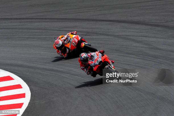 The Spanish riders, Jorge Lorenzo of Ducati Tea, and Marc Marquez of Repsol Honda Team, during the Catalunya Motorcycle Grand Prix at Circuit de...