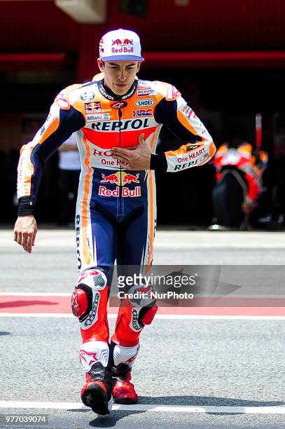 The Spanish rider, Marc Marquez, before start the race, during the Catalunya Motorcycle Grand Prix at Circuit de Catalunya on June 17, 2018 in...