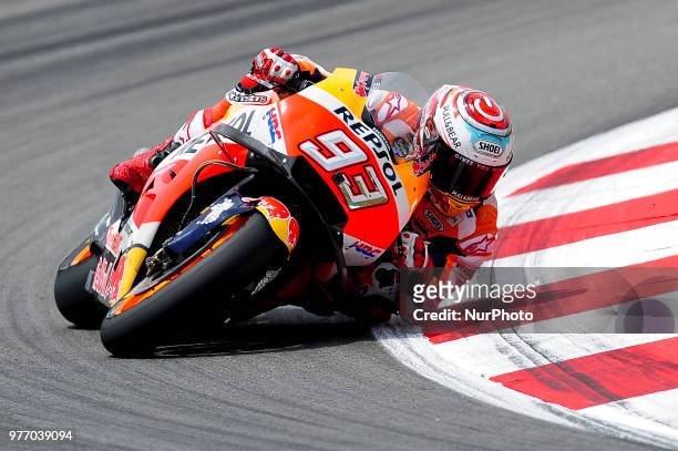 The Spanish rider, Marc Marquez of Repsol Honda Team, riding his bike during the Catalunya Motorcycle Grand Prix at Circuit de Catalunya on June 17,...