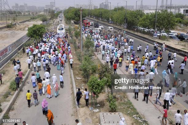 Residents and villagers during a protest march against dumping ground at Sector 123, on June 17, 2018 in Noida, India. The National Green Tribunal...