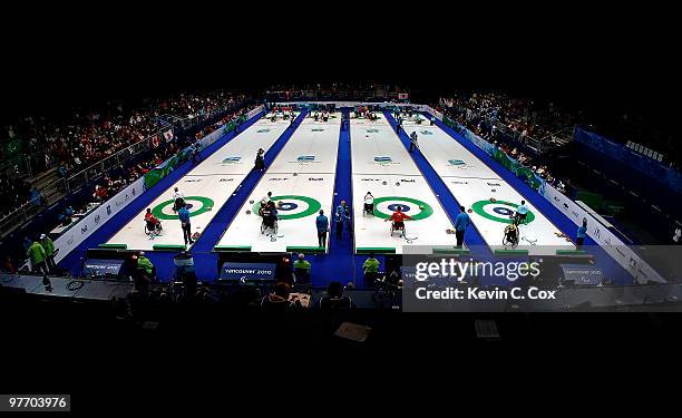 General view of the competition during the Wheelchair Curling Round Robin games on day three of the 2010 Vancouver Winter Paralympic Games at...