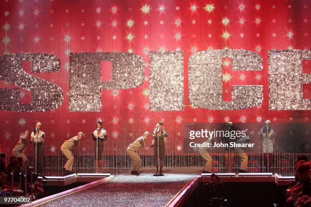 Spice Girls Mel C, Victoria Beckham, Emma Bunton, Geri Halliwell and Mel B onstage at the 12th Victoria's Secret Fashion show at the Kodak Theater on...