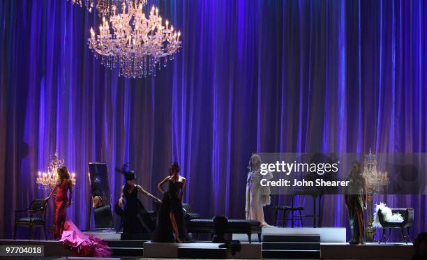 Spice Girls Geri Halliwell, Mel C, Victoria Beckham, Emma Bunton and Mel B onstage at the 12th Victoria's Secret Fashion show at the Kodak Theater on...