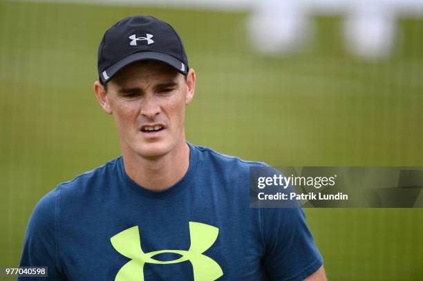 Jamie Murray of Great Britain in practice during qualifying Day 2 of the Fever-Tree Championships at Queens Club on June 17, 2018 in London, United...