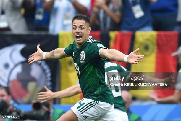 Mexico's forward Javier Hernandez celebrates Mexico's opening goal scored by Mexico's forward Hirving Lozano during the Russia 2018 World Cup Group F...