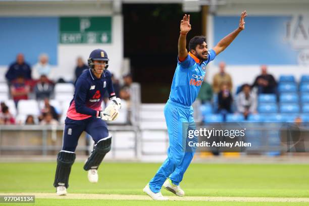 Vijay Shankar of India A appeals unsuccessfully against Will Jacks of ECB XI during a tour match between ECB XI v India A at Headingley on June 17,...