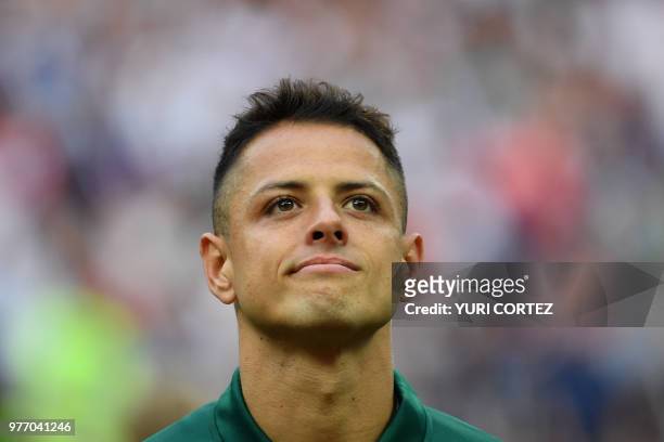 Mexico's forward Javier Hernandez poses before the Russia 2018 World Cup Group F football match between Germany and Mexico at the Luzhniki Stadium in...