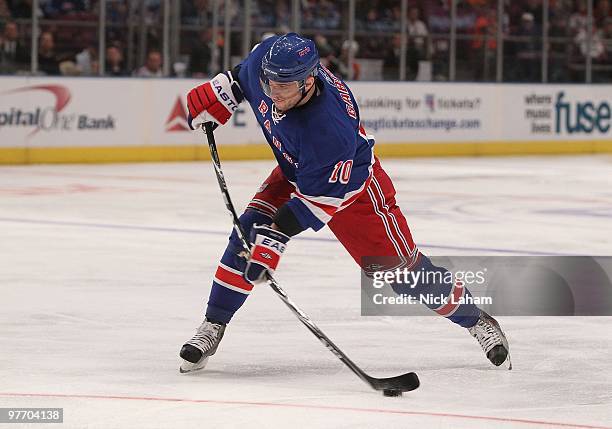 Marian Gaborik of the New York Rangers shoots the puck against the Philadelphia Flyers at Madison Square Garden on March 14, 2010 in New York City.