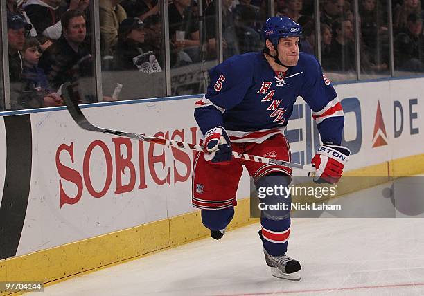 Dan Girardi of the New York Rangers skates against the Philadelphia Flyers at Madison Square Garden on March 14, 2010 in New York City.