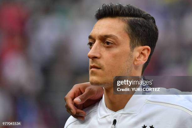 Germany's midfielder Mesut Ozil poses before the Russia 2018 World Cup Group F football match between Germany and Mexico at the Luzhniki Stadium in...