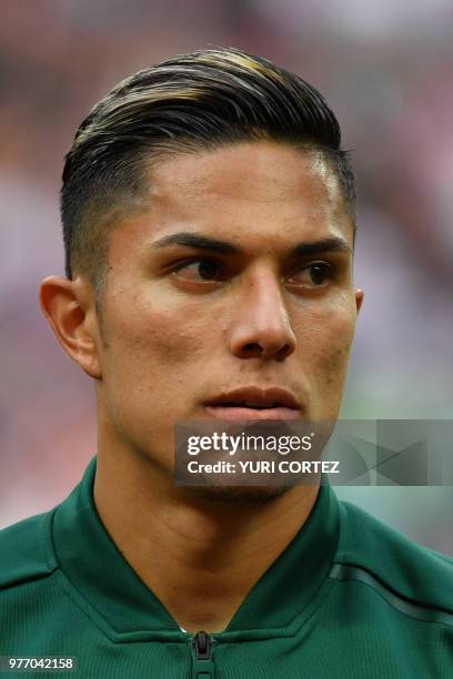 Mexico's defender Carlos Salcedo poses before the Russia 2018 World Cup Group F football match between Germany and Mexico at the Luzhniki Stadium in...