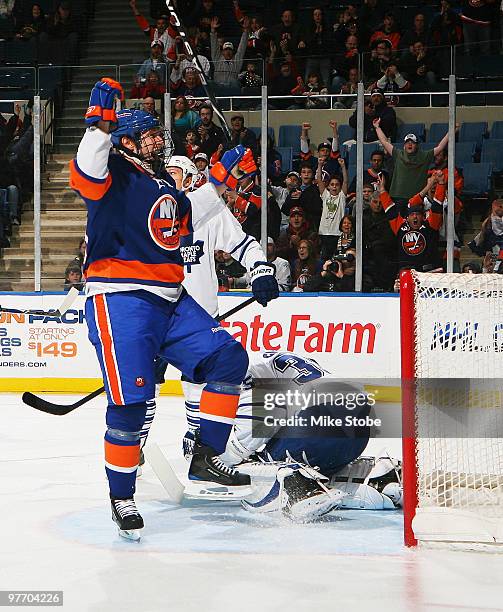 Tim Jackman of the New York Islanders celebrates his first period goal at 2:51 in the game against the Toronto Maple Leafs on March 14, 2010 at...