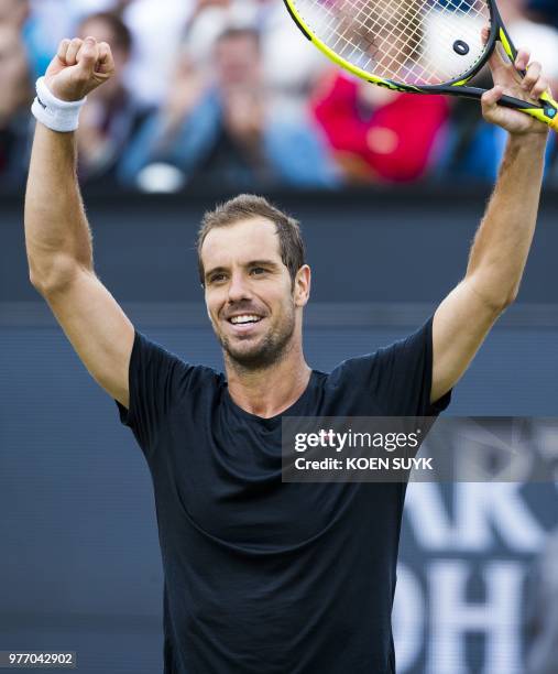 Richard Gasquet of France celebrates winning against Jeremy Chardy of France during the men's final of the Libema Open tennis tournament in Rosmalen,...